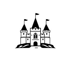 Obraz premium [Black and white image of a castle with three towers, flags, and a prominent arched window. Minimalist design.