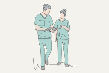 Colored two doctors are having a discussion while walking to the clinic. Walking into the clinic concept one-line drawing