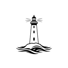 Lighthouse on rock, minimalist black and white illustration. Lighthouse on a Rock with the ocean waves.