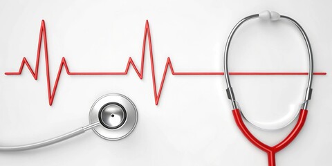 Stethoscope with red heartbeat line on white background medical health concept cardiology ECG heart rhythm healthcare diagnostics emergency life saving tools
