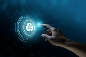 Index finger about to press the recycle button, recycle icon, display screen, touch screen,...