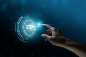 Index finger about to press the stop button, stop  icon, display screen, touch screen, Composite between an image and a 3D background, 3D background.