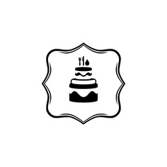 Black and white emblem of a three-tiered cake with cutlery and droplet.