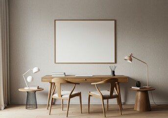 Minimalist home office with wooden desk, modern chair, and canvas