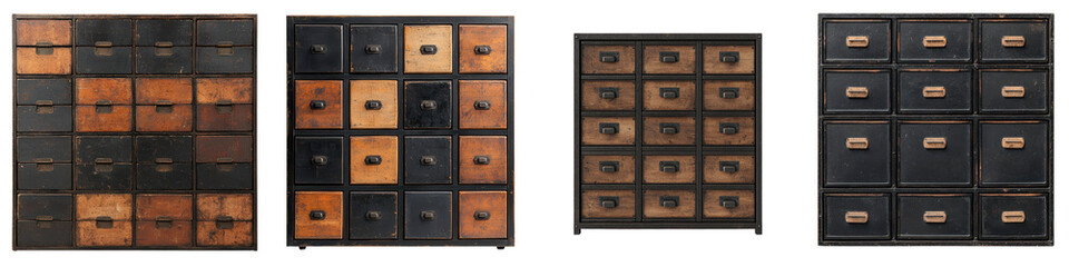 Collection of vintage industrial style metal and wood storage cabinets chests and drawers arranged in a warehouse inspired room or loft setting  Rustic retro