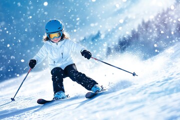young girl is skiing down the mountain, wearing a blue helmet and a white jacket with black pants, holding ski poles in her hands while skiing on the snow-covered ground.