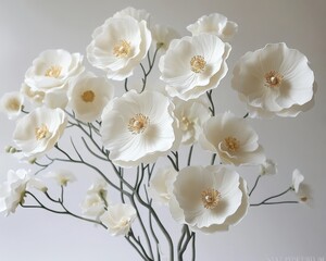 Obraz premium White Clay Floral Arrangement on White Background, Elegant Home Decor, Handcrafted Detail