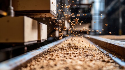 Industrial cereal production facility with flakes being poured into boxes