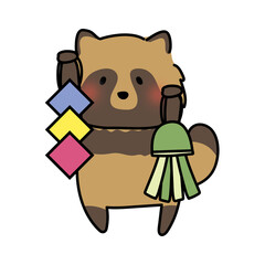 七夕飾りを持っているタヌキ