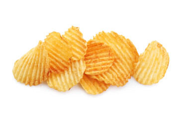Pile of tasty ridged potato chips isolated on white, top view