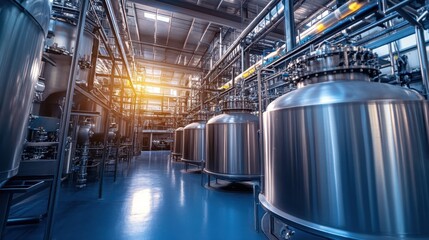 Industrial chemical production plant with large mixing tanks and automated processing lines