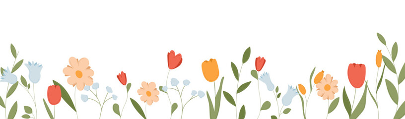 Spring botanical border frame for banner with flower bloom. Summer wildflower isolated edge design. Meadow flora element with cute leaf and branch pattern. Flat long illustration for background