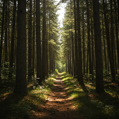 Fototapeta premium footpath in the forest. Path Through Majestic Pine Woodland. Towering Evergreens and the Scent of Pine Needles in a Serene Backdrop.