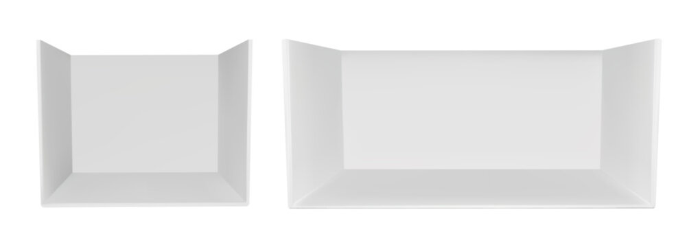 3d booth stand room in white design. Tradeshow perspective cube box on background. Showroom interior for presentation. Exhibit section on trade show. Corner kiosk stage isolated view in vector
