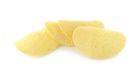 Many tasty potato chips isolated on white