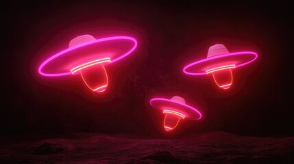 Neon-lit flying saucers hover in dark space, creating an otherwo