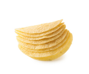 Many tasty potato chips isolated on white
