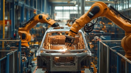 Fototapeta premium Industrial robotics performing precision assembly in an aerospace facility