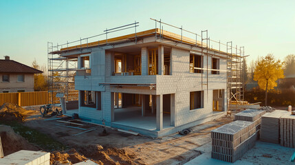 A modern eco-friendly home under construction with AAC blocks, 