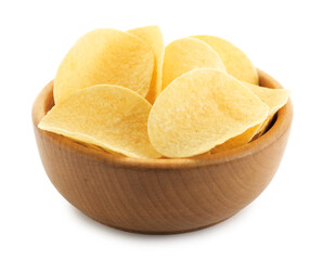 Tasty potato chips in bowl isolated on white