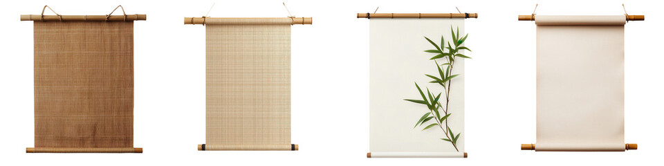 Blank bamboo scroll or roll mockup on a traditional antique oriental paper backdrop with copy space Vintage East Asian calligraphy or painting display template in minimalist natural