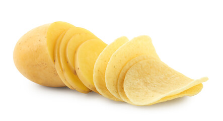 Tasty chips and sliced raw potato isolated on white