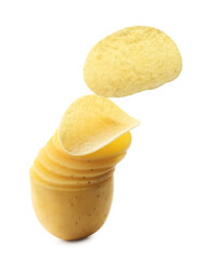 Tasty chips and sliced raw potato isolated on white