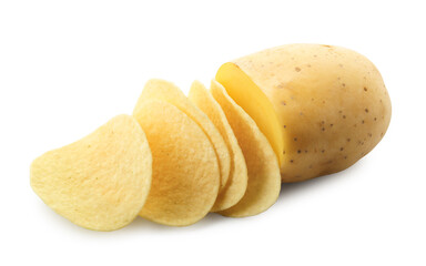 Tasty chips and sliced raw potato isolated on white