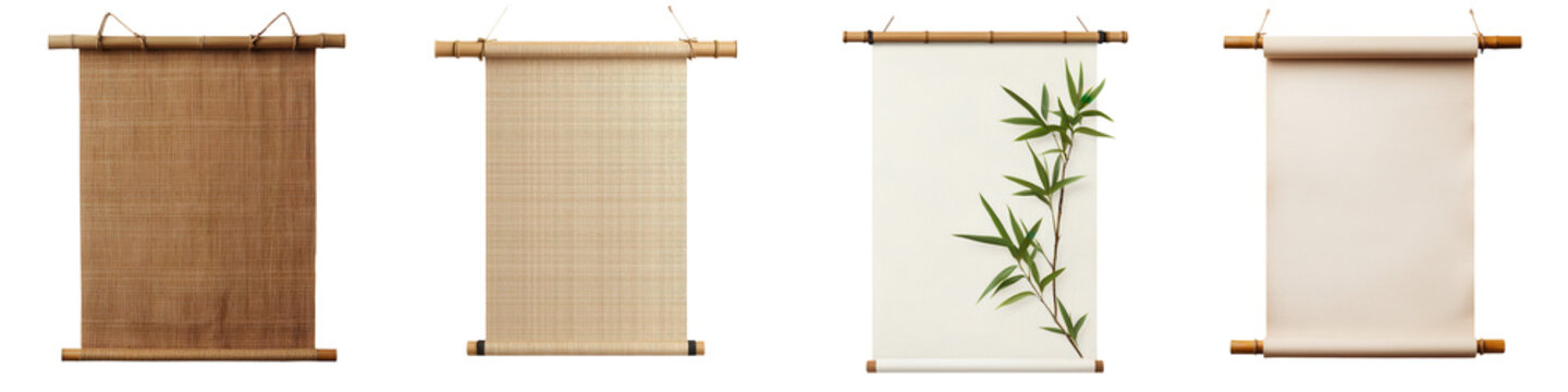 Blank bamboo scroll or roll mockup on a traditional antique oriental paper backdrop with copy space  Vintage East Asian calligraphy or painting display template in minimalist natural