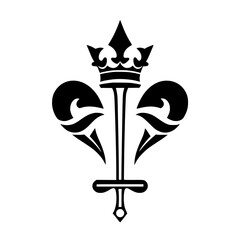 Monochromatic crown emblem with stylized fleur-de-lis, set against white, minimalist background.