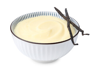 Tasty vanilla pudding and pods isolated on white