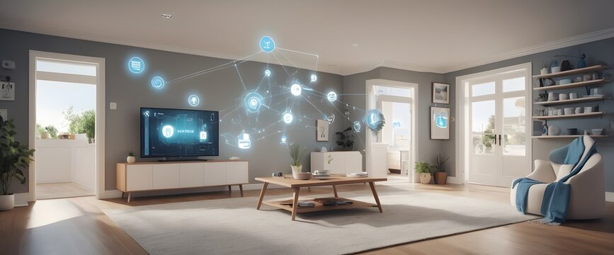 illustrate the concept of the Internet of Things with an image of a smart home, featuring various connected devices and appliances, shot from a low angle with a wide-angle lens