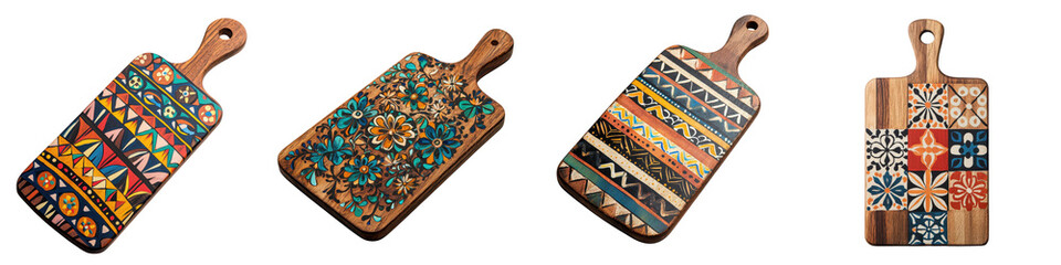 Assortment of uniquely patterned and decorated wooden cutting boards or serving trays displayed on a rustic dining table with a simple minimalist background