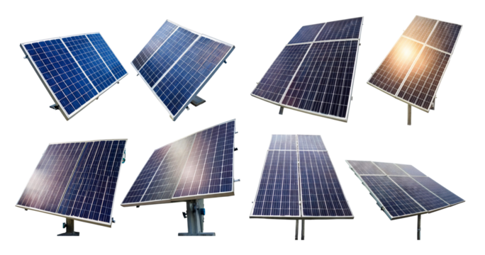 Various Angles of Solar Panels in Bright Outdoor Environment, isolated on transparent background