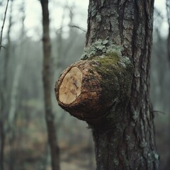Knotted tree trunk in misty forest
