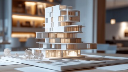 Modern architectural engineering blueprints of a skyscraper with scale models