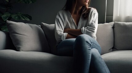 Obraz premium Stomach pain felt by a woman sitting on a sofa, clutching her stomach. Featuring discomfort and care