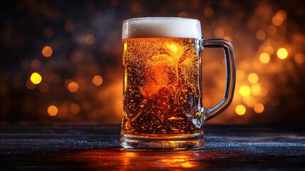 Foamy amber beer mug with warm golden bokeh lighting and bubbles on rustic wooden table. Saint Patrick's Day, St Paddy's Day, St Patty's Day - Irish National Holiday and Cultural Celebration