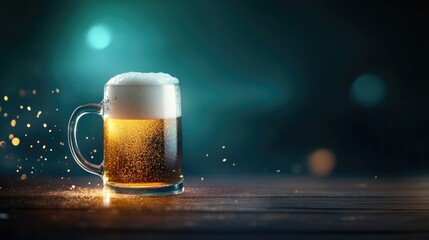 Frosty mug of amber beer on wooden table with sparkling bubbles and dark background. Saint Patrick's Day, St Paddy's Day, St Patty's Day - Irish National Holiday and Cultural Celebration
