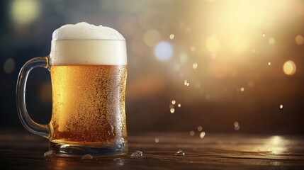 Refreshing cold beer mug with frothy head on wooden table with bokeh background. Saint Patrick's Day, St Paddy's Day, St Patty's Day - Irish National Holiday and Cultural Celebration