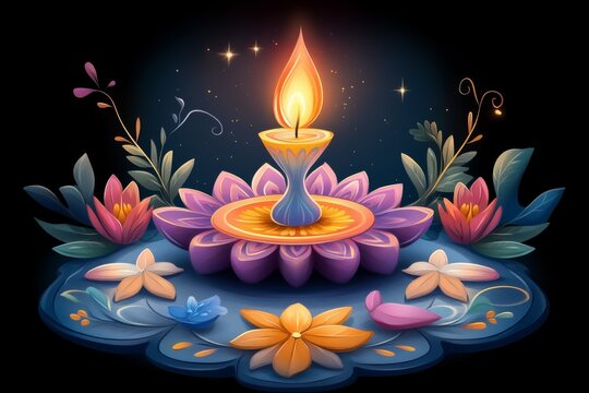 Celebrating Hindu festival with a vibrant rangoli pattern showcasing deepak surrounded by colorful flowers reflecting traditions of Indian religions