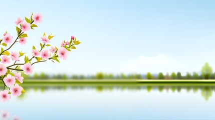 Pink Cherry Blossoms Branch Over Calm Lake Spring Landscape
