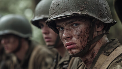Fototapeta premium American soldiers sit in a forest, looking tense and alert as they prepare for an impending mission during wartime