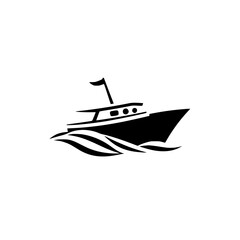 Black and white minimalist graphic of a boat floating on water with waves, inside a circle.