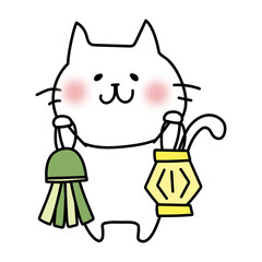 七夕飾りを持っている白い猫