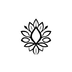 Black and white graphic logo of a symmetrical floral design with curved leaves, a central drop-shaped shape, and a minimalist aesthetic.