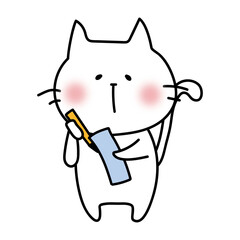 短冊に七夕の願い事を書く白い猫