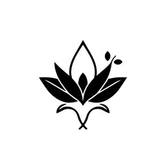 Simplified black and white, symmetrical floral emblem, abstract illustration of a lotus flower design.