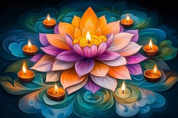 Celebrating Hindu festival with rangoli pattern featuring a blossoming lotus surrounded by diyas during Diwali, a significant event in Indian religions that showcases traditional art and culture
