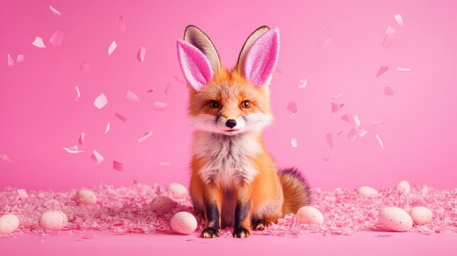 Adorable fox with bunny ears in pink easter themed setting. Easter, Pascha, Paskha, Ostern, Pascua, Paques - Orthodox and Catholic Holiday celebration